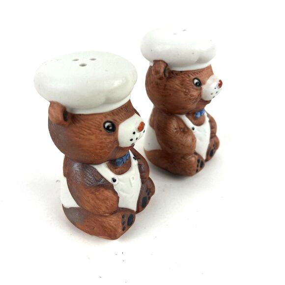 VTG BEAR CHEF Salt & Pepper Shaker Set hand painted Teddy bear figurines 3in - Picture 3 of 9